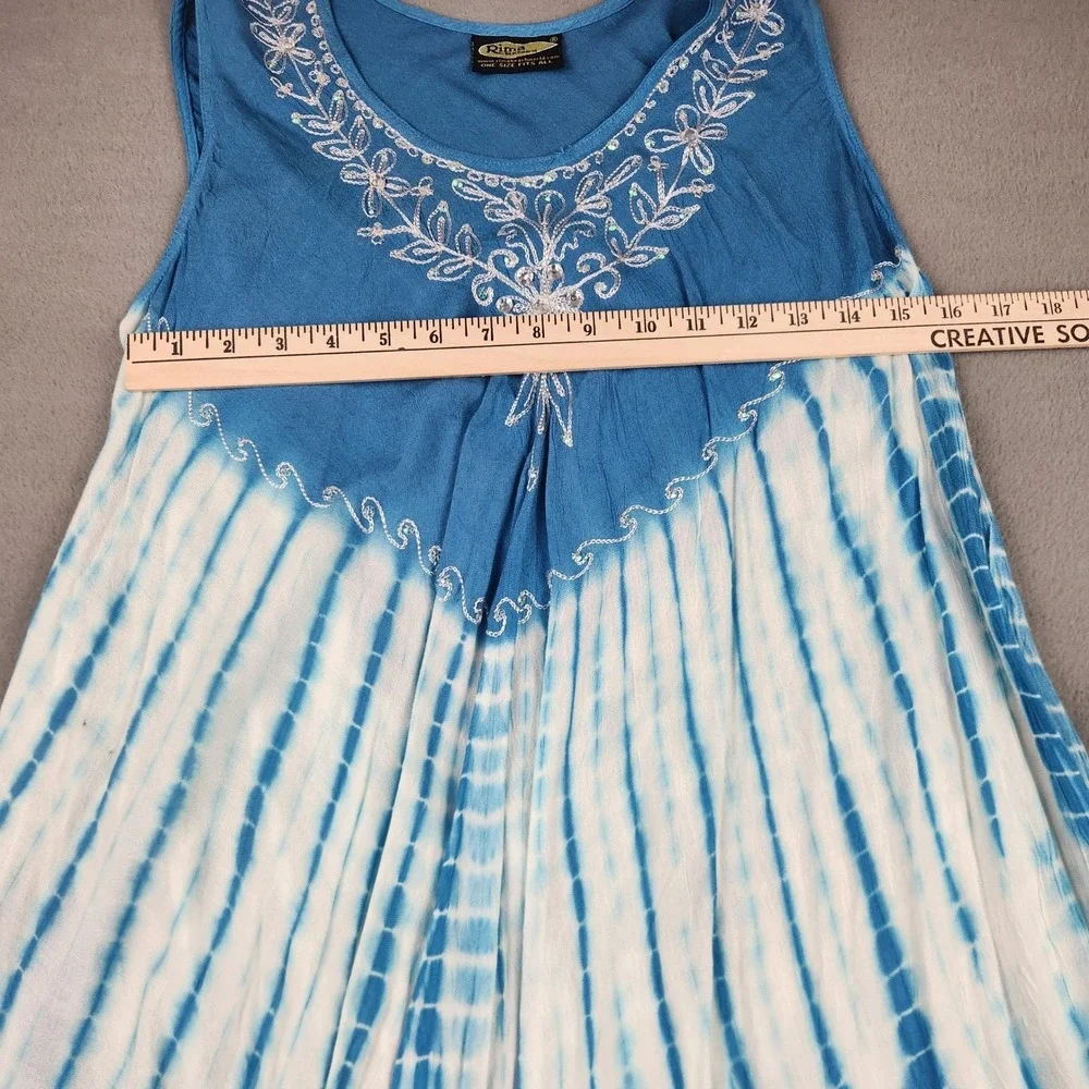 Rima‎ Beachworld Blue Tie Dye Embroidered Sequin Handkerchief Hem Dress OSFM
